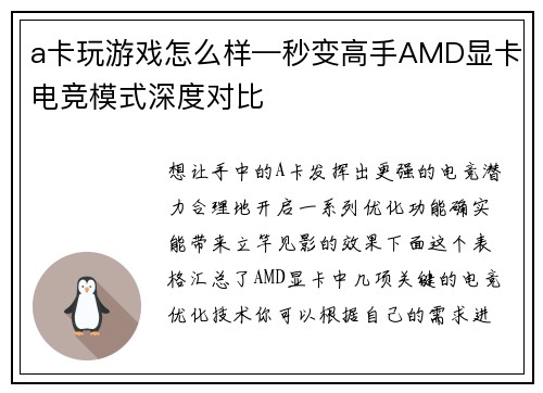 a卡玩游戏怎么样—秒变高手AMD显卡电竞模式深度对比